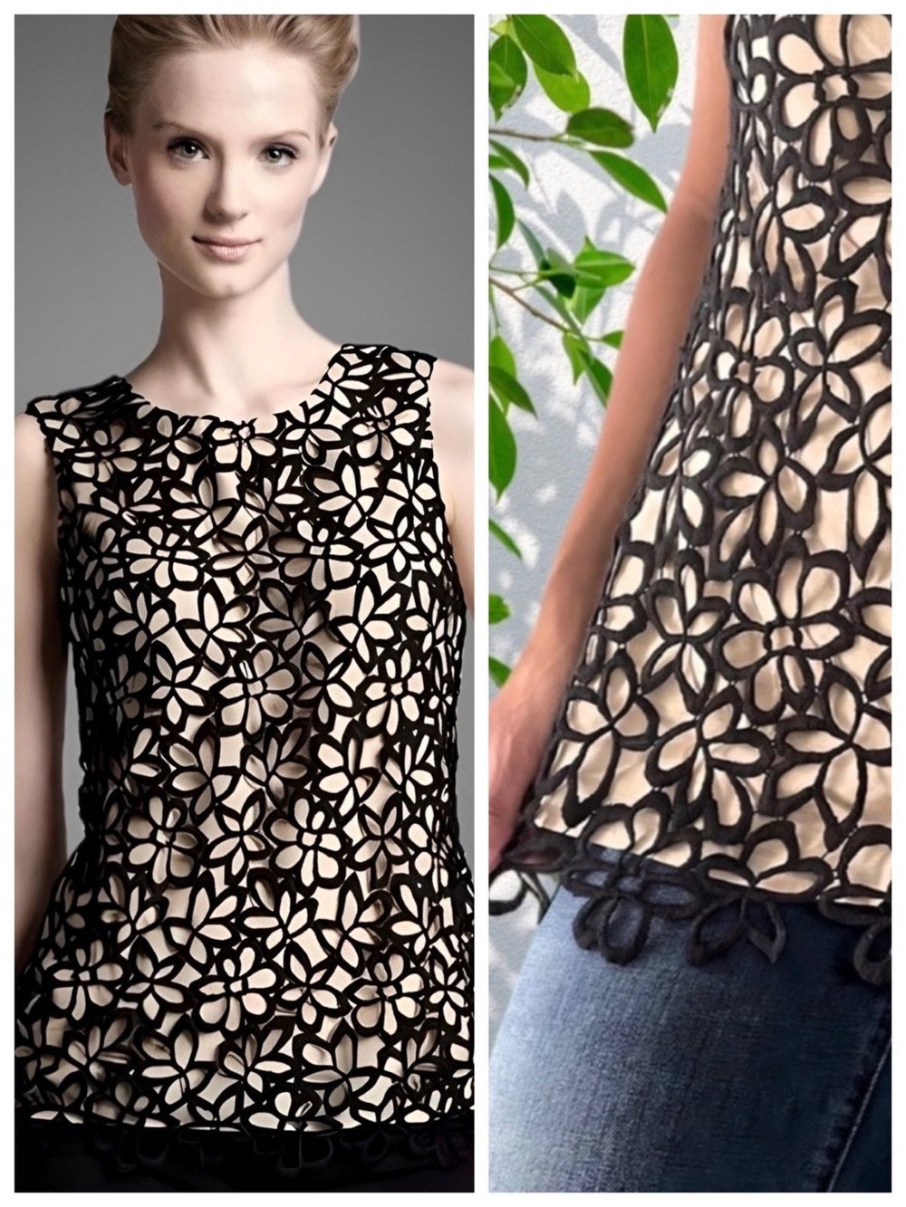 Lela Rose Neiman Marcus Black & Beige Silk Blend Floral Lace Sleeveless Top sz M